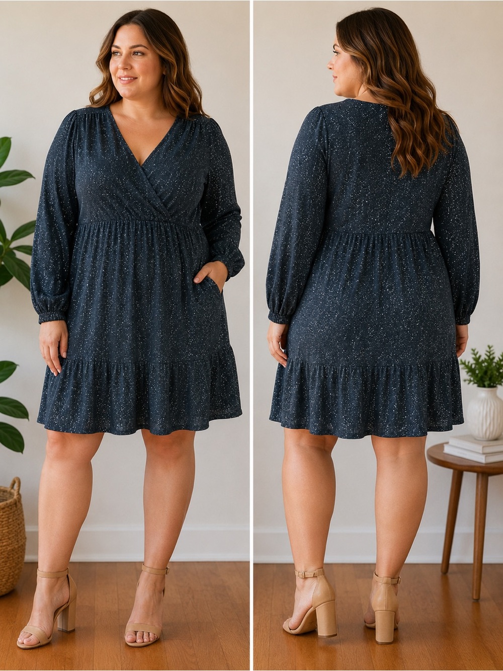 Sparkly Blue Stretch Wrap Dress | Long Sleeve | Waist Defined | Party Glam